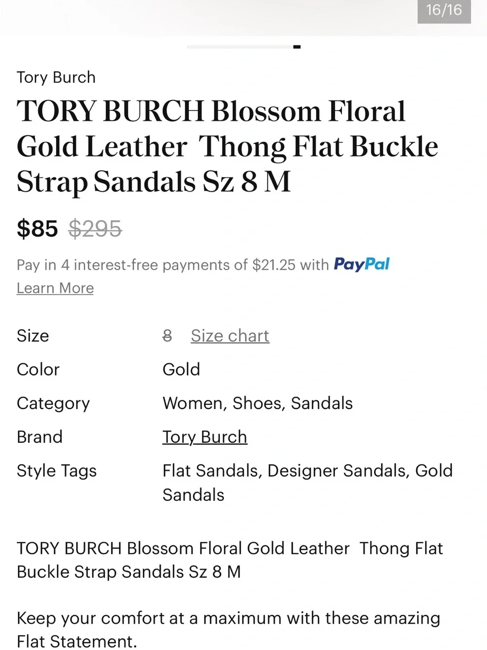 TORY BURCH Blossom Floral Gold Leather  Thong Flat Buckle Strap Sandals Sz 9 1/2